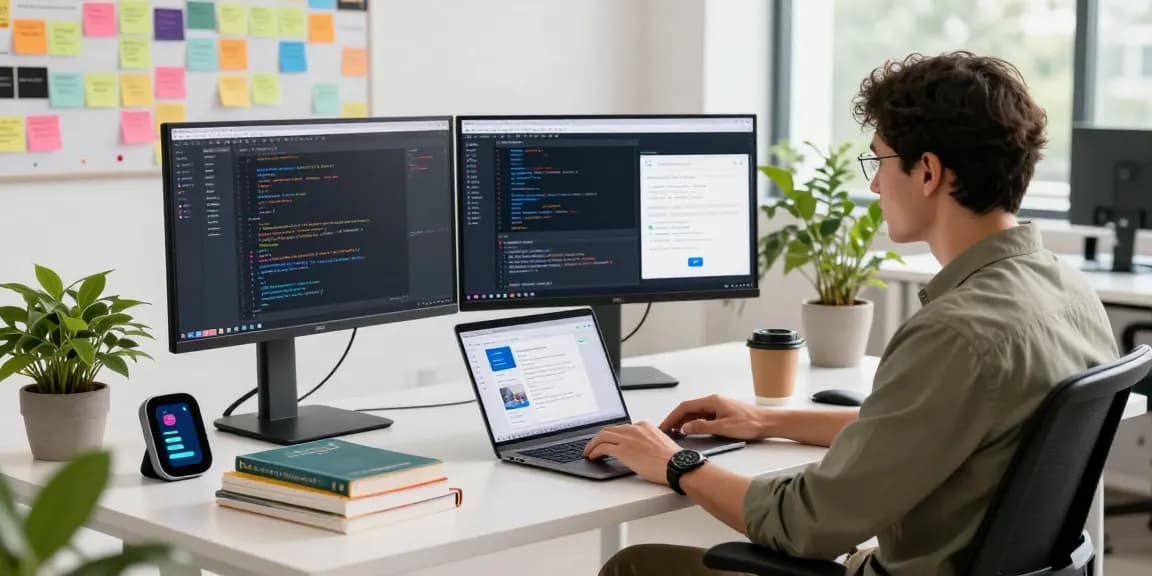 Build internal tools with AI in a modern workspace featuring a developer coding at a standing desk, emphasizing productivity.