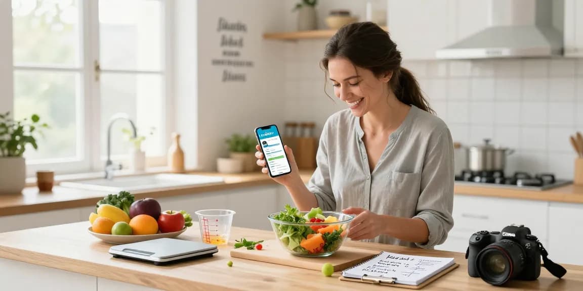 A nutritionist tracking macros using the best macro tracking app in a bright kitchen, surrounded by fresh ingredients.