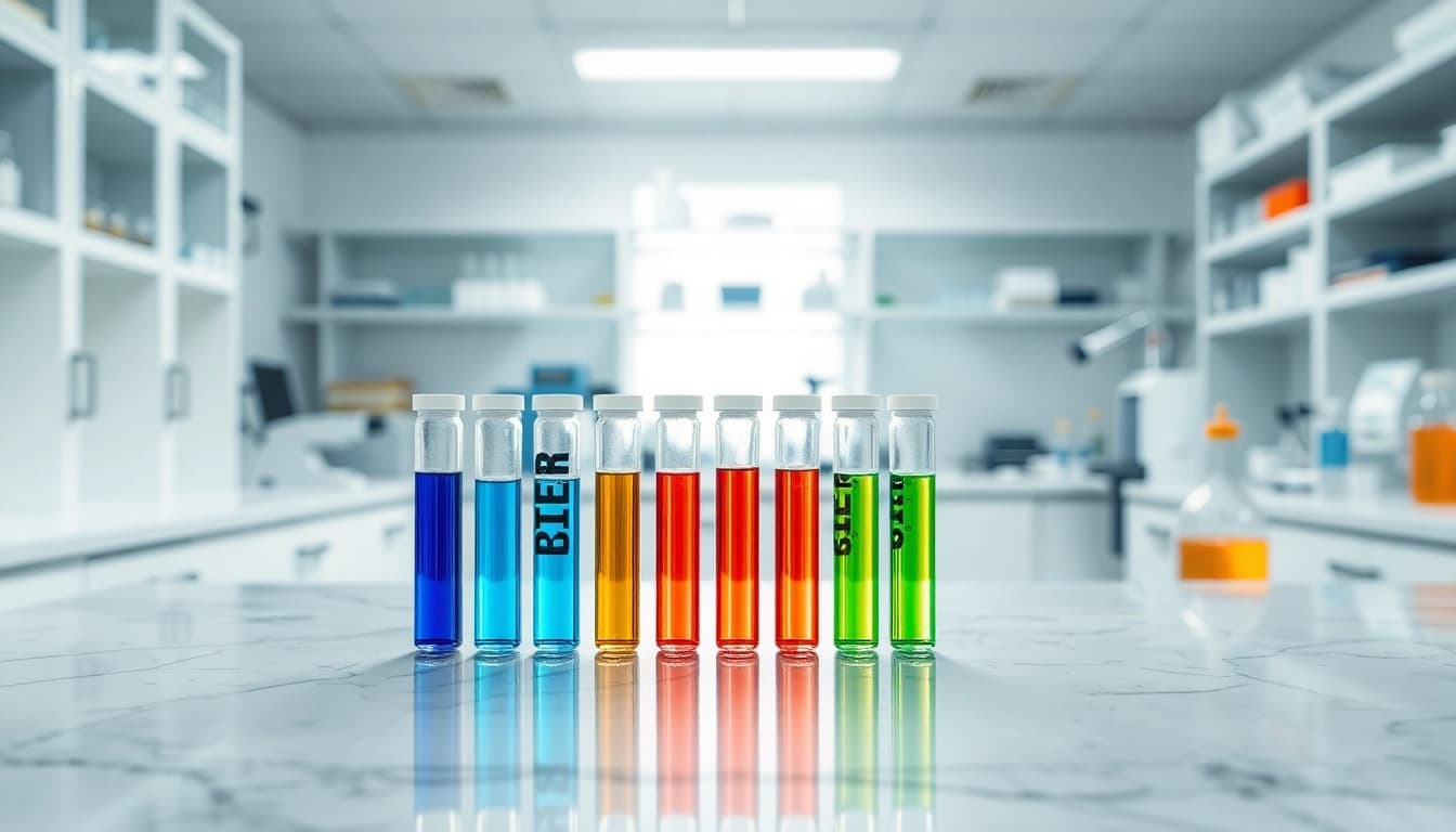 Showcasing amc essentials vials in a lab for research peptides, capturing clarity and quality.