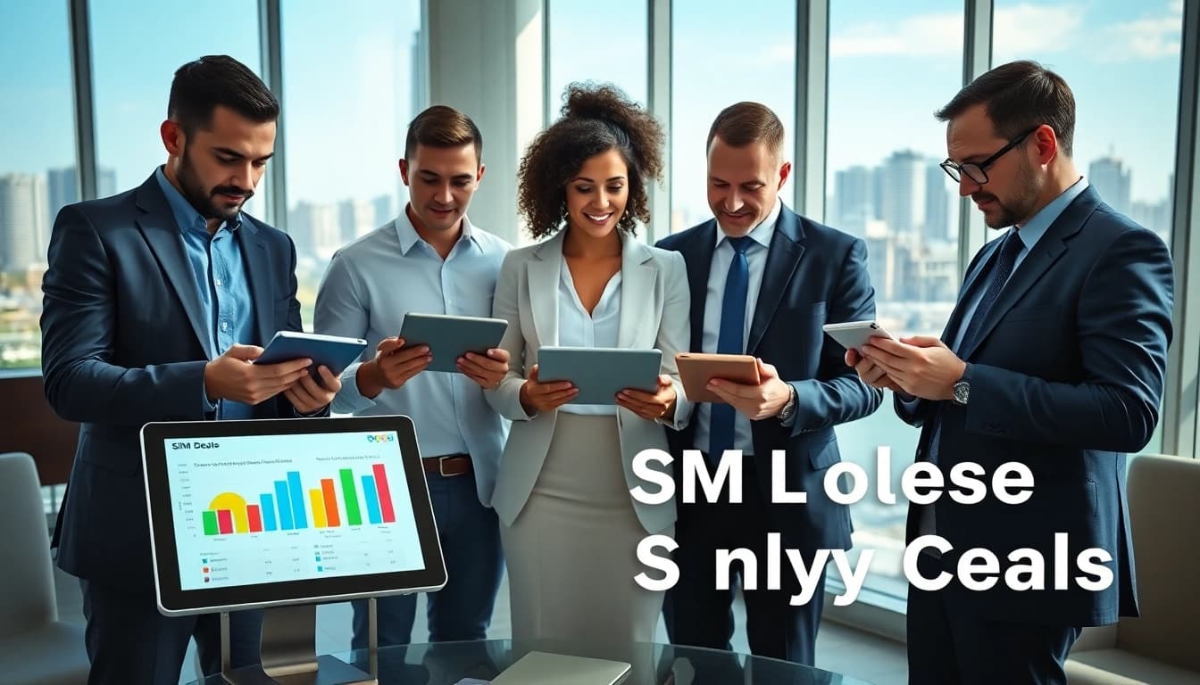Compare business SIM only deals UK with professionals analyzing options in a modern office.