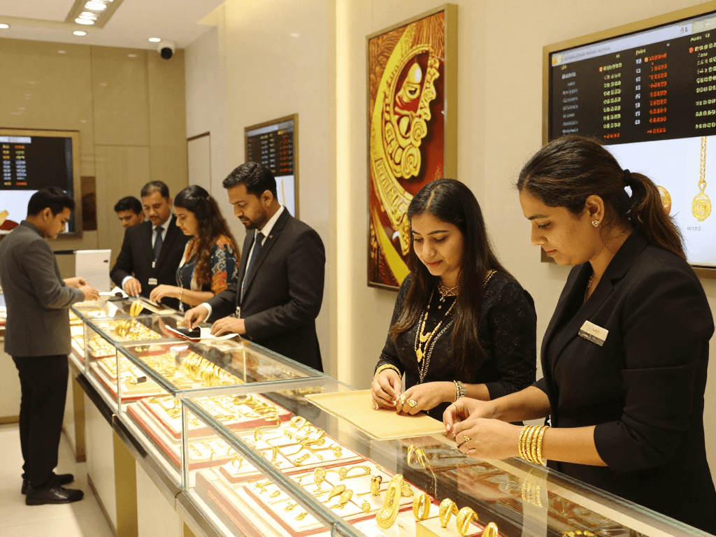 Explore mantra88's gold jewelry collection in a modern jewelry store highlighting 24K pieces.