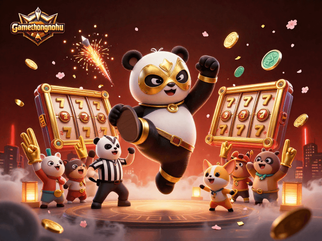 Experience exciting gaming action with gamethuongnohu - a thrilling panda wrestling scene amid slot elements!