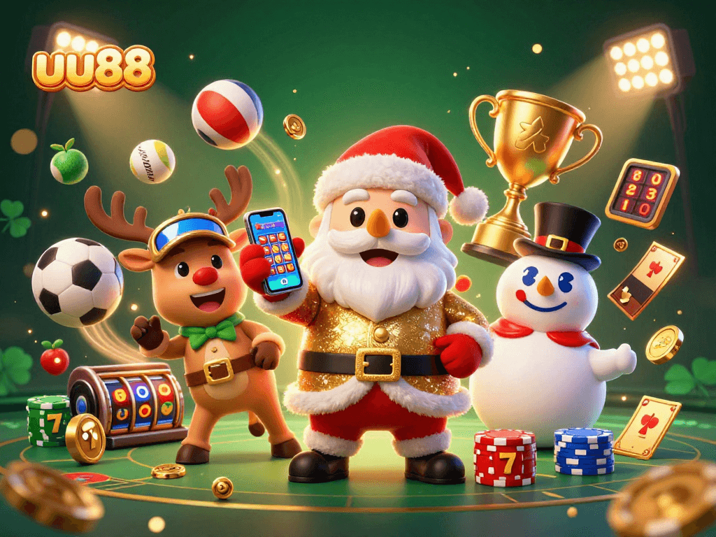 uu88 promotes jackpot excitement with Santa, reindeer, and snowman in a festive casino scene.