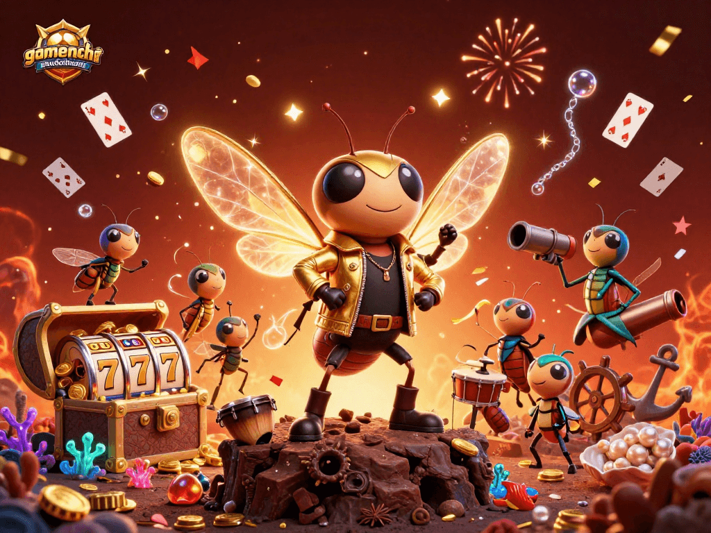 Spin the reels with gamenohudoithuong as the cartoon rock star and drummer celebrate jackpots.
