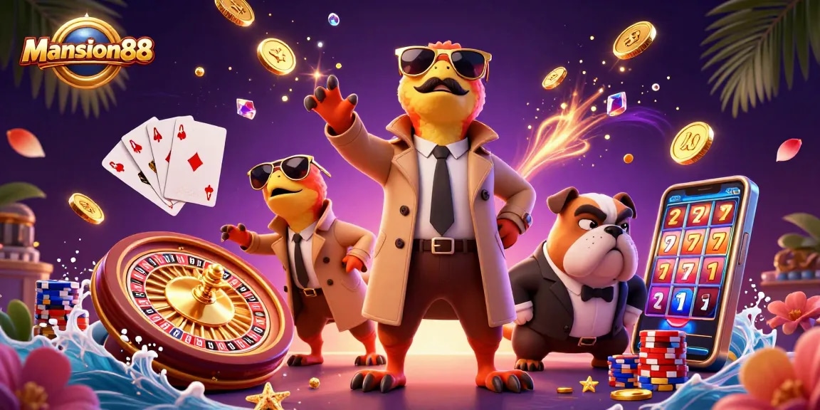 Mansion88 raptors in a trench coat entering a casino, surrounded by spinning roulette and sparkling gems.