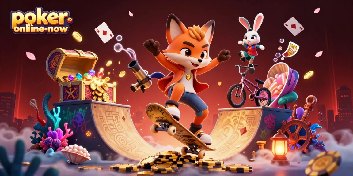 Engage in thrilling gameplay at poker-online-now, featuring vibrant casino illustrations.