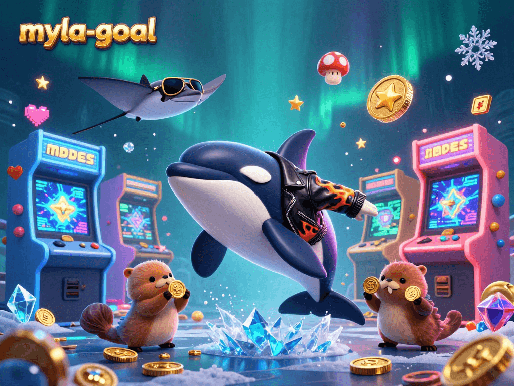 Experience the thrill of myla-goal as you watch a cartoon orca, stingray, and otters celebrating in a vibrant casino scene.