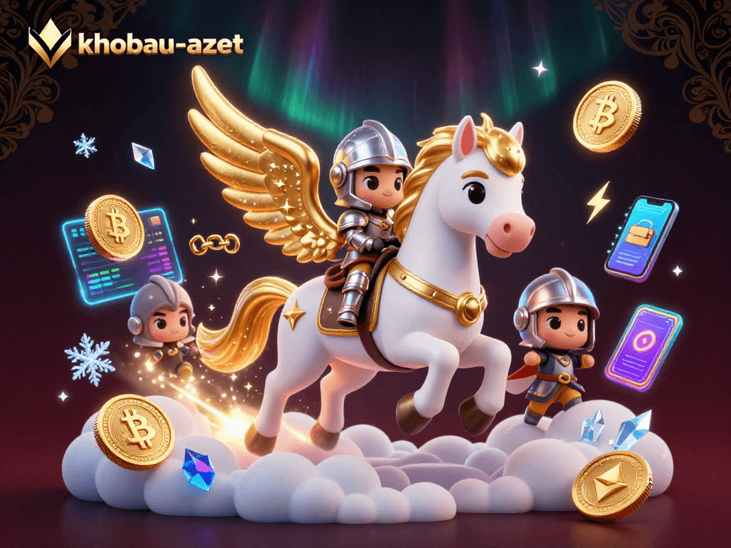 Experience the thrill of khobau-aztec with a cute knight and celestial horse amidst cryptocurrency elements.