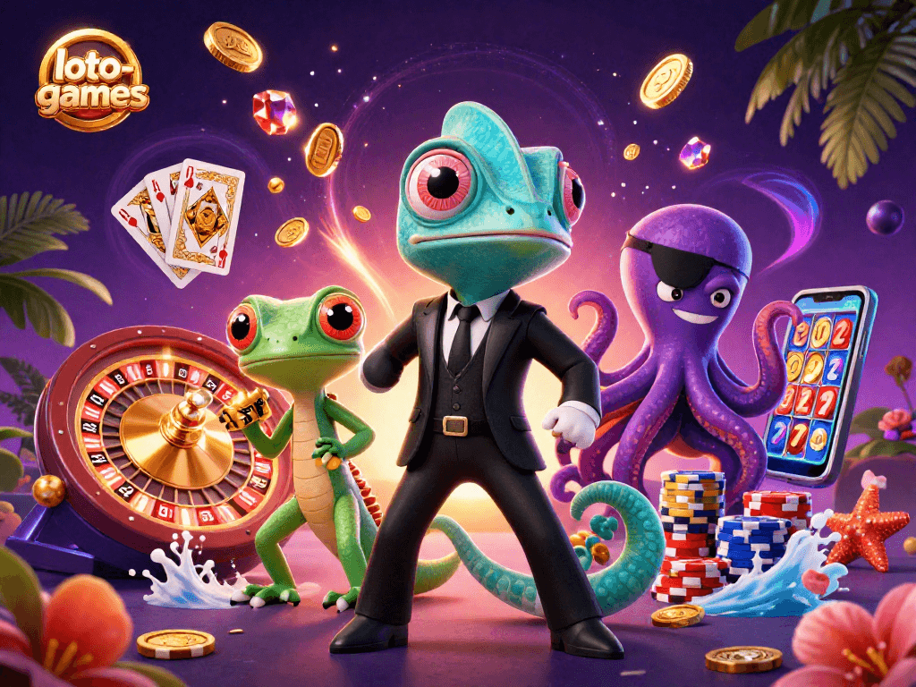 Loto-games invite thrilling gameplay with secret agent chameleon, gecko, and octopus in an engaging casino scene.