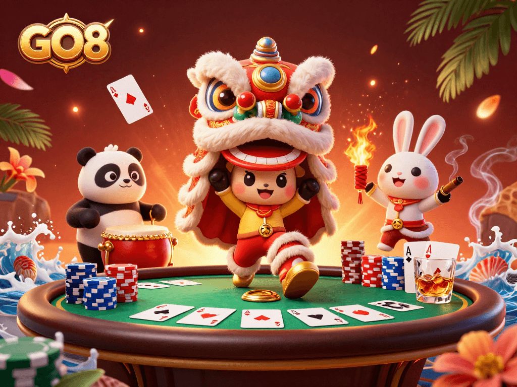 Experience the thrill at GO8 with a vibrant community of characters celebrating in a 3D casino scene.