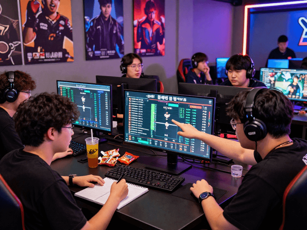 Excited group discussing 롤배팅 하는 법 in a dynamic esports lounge with screens showing match stats.