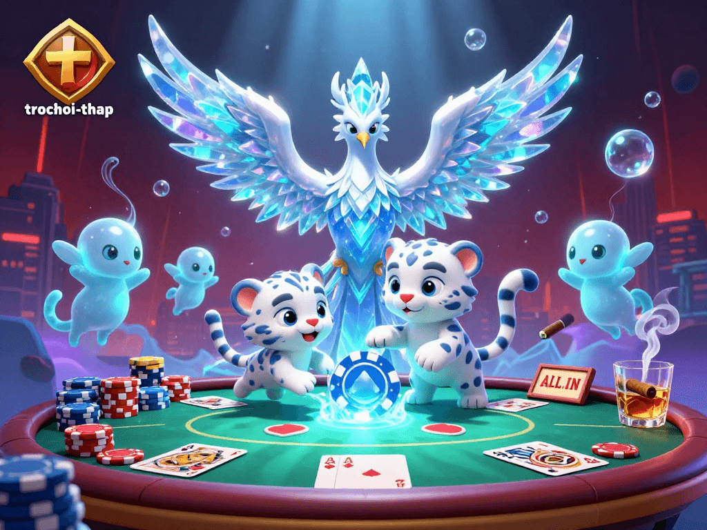 Engage in trochoi-thap with a vibrant scene of an ice phoenix and playful snow leopard at a dynamic poker table.
