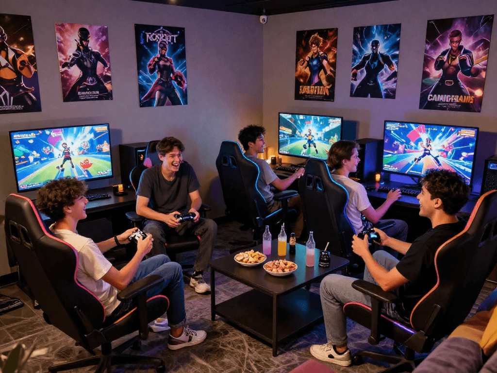 Friends enjoying a porn game night in a cozy lounge with snacks and controllers.