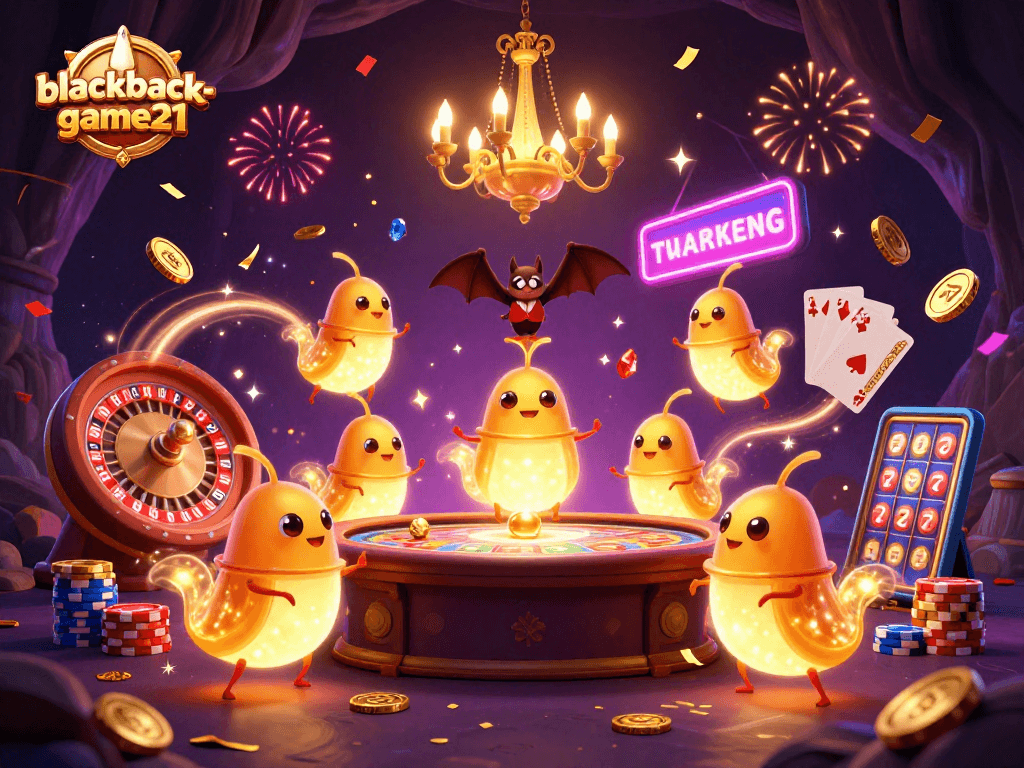 Join the excitement at blackjack-game21 with vibrant glowworms illuminating a lively casino scene.