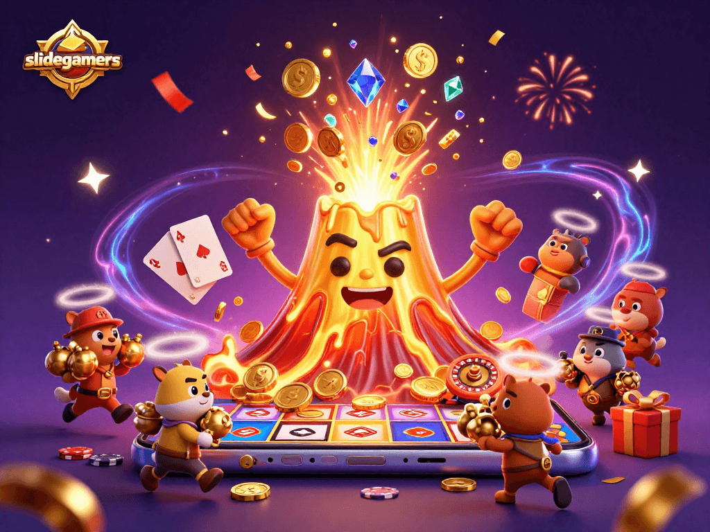 Join the thrill of slidegamers with a 3D illustration of treasure and excitement in a vibrant gambling scene.