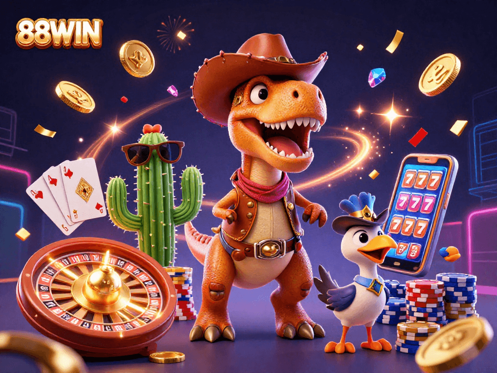 88WIN players winning big at an exciting casino scene with coins, gems, and gaming elements.
