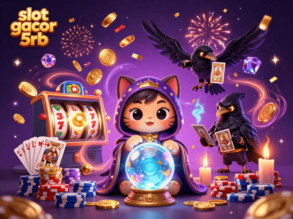 Engage with slot gacor 5rb amidst vibrant 3D casino action featuring mystical cats and glowing coins.