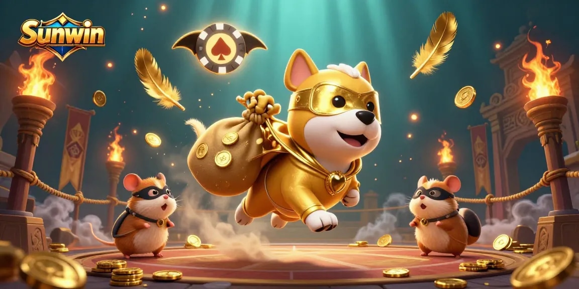 Experience the thrill of Sunwin with dynamic gaming action featuring a superhero dog and hamster.
