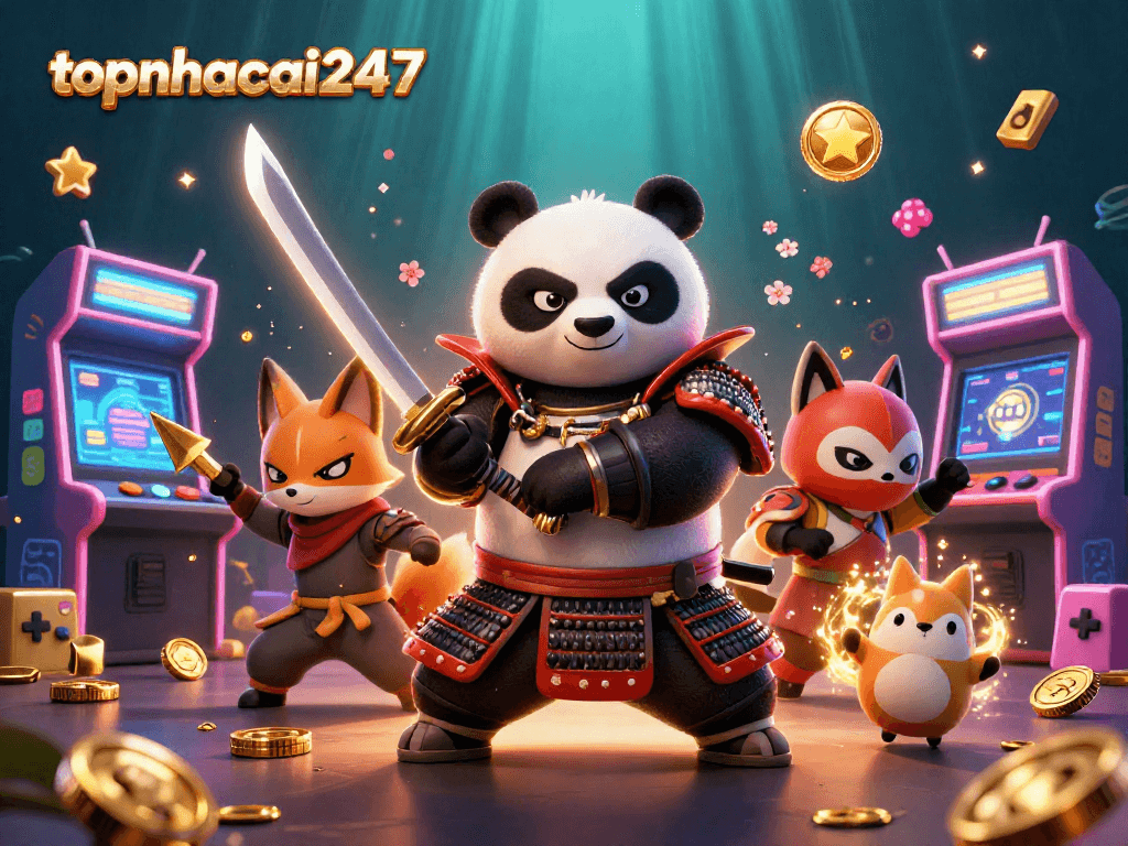 Play exciting coin games at topnhacai247 with dynamic characters and glowing arcade elements.