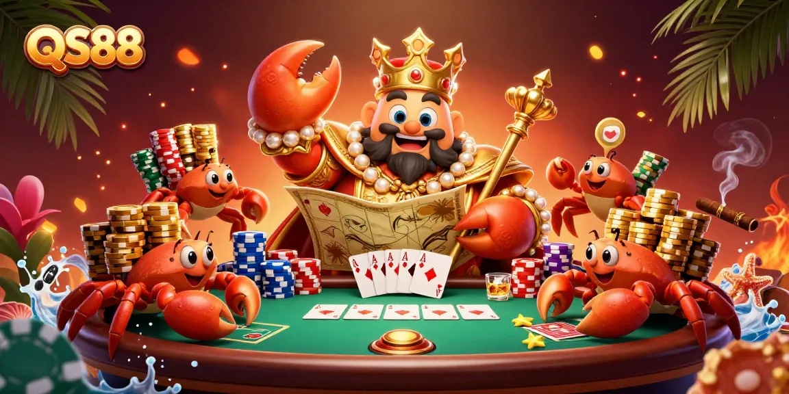 Experience the excitement at QS88 with a crab emperor overseeing a vibrant poker scene.