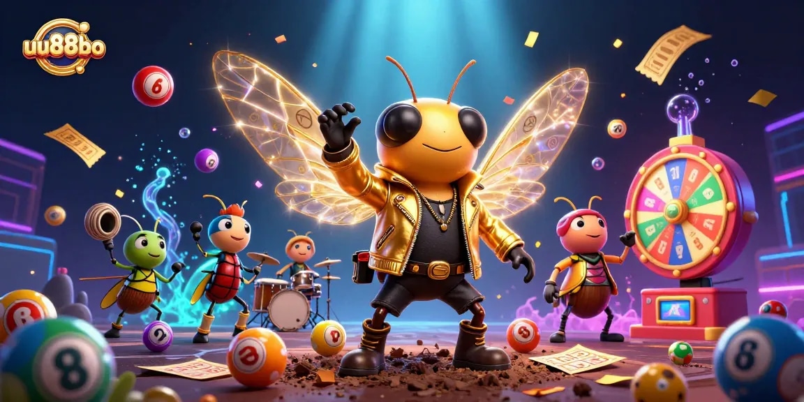 Experience the excitement of uu88bo with vibrant lottery elements and dynamic characters in a festive casino scene.