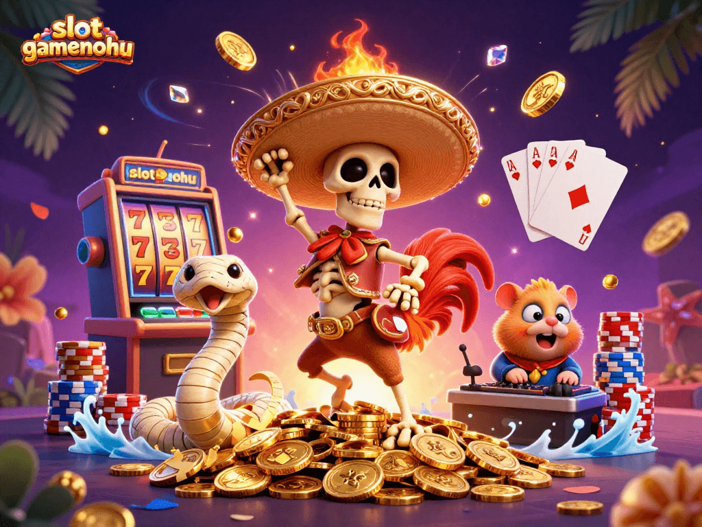 Experience thrilling slots at slotgamenohu with a vibrant 3D casino illustration featuring characters and jackpot elements.