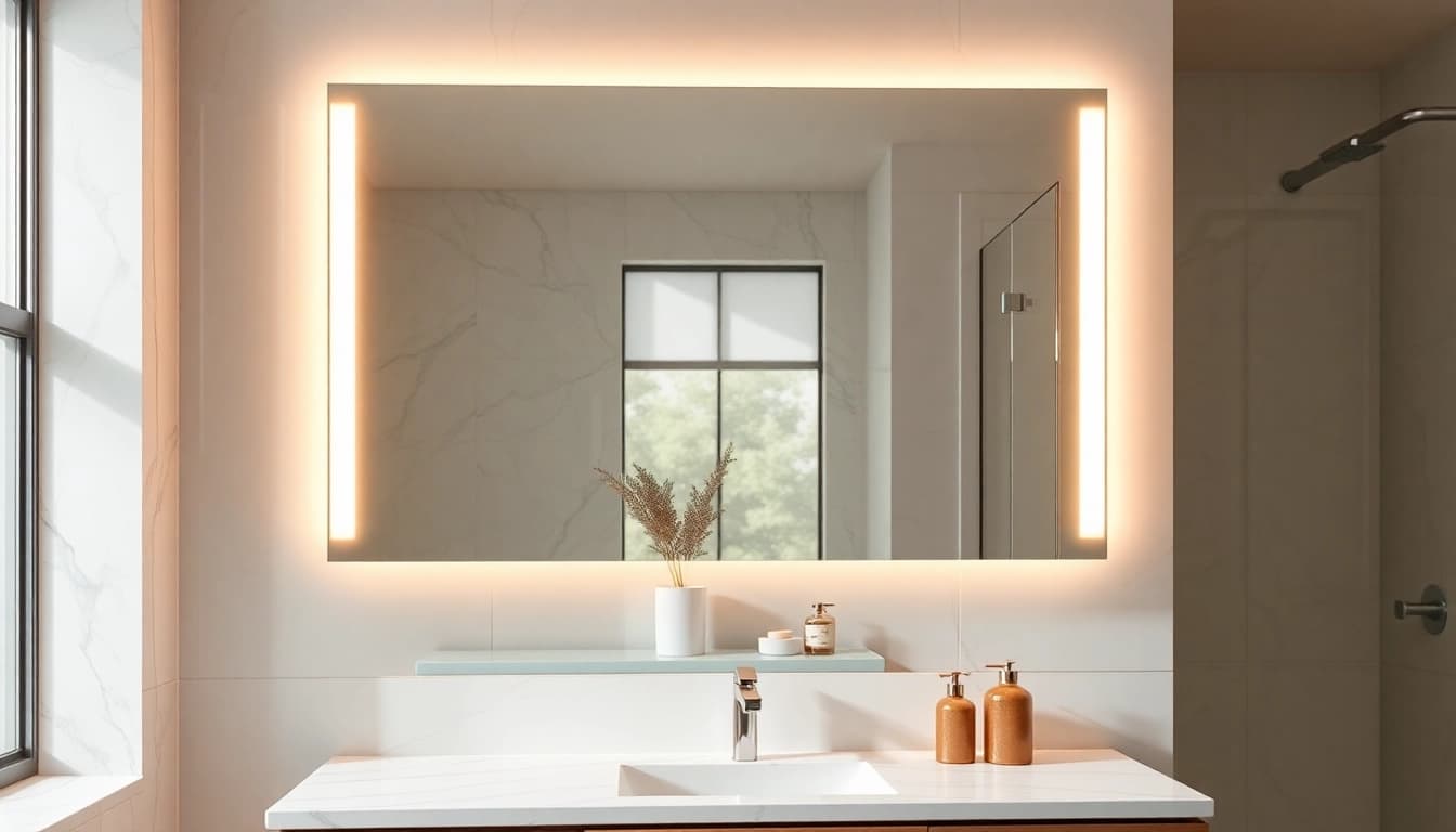 Stylish bathroom mirrors with lights illuminating a modern vanity setup.