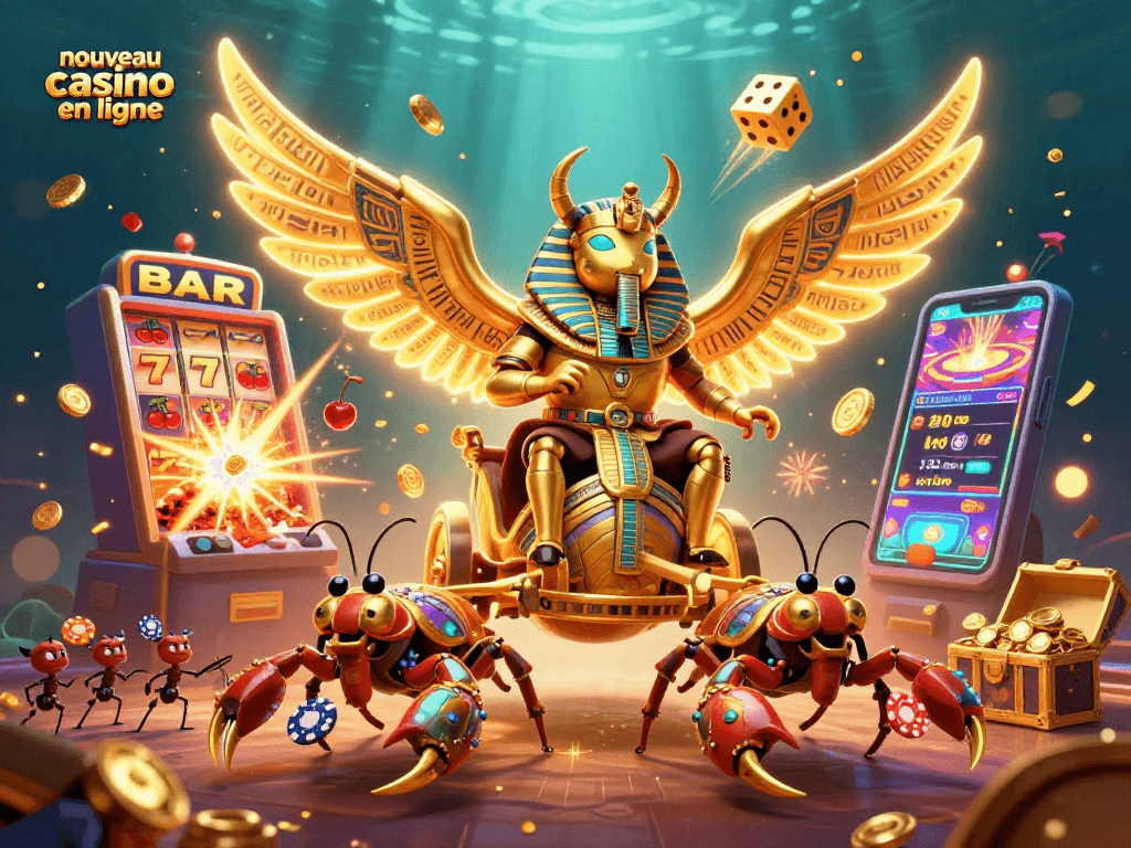 Découvrez le nouveau casino en ligne avec cette illustration dynamique montrant un scarabée doré et des éléments de jeux animés.