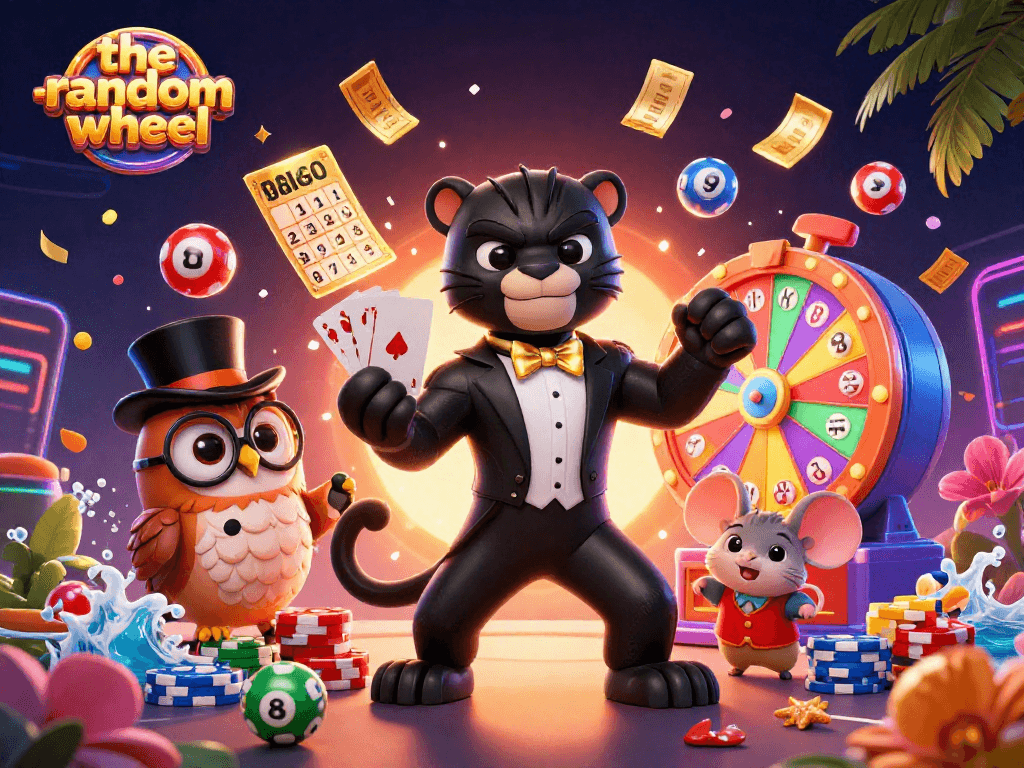 Engage with the-random-wheel's vibrant game mechanics featuring a stylish panther and friends.