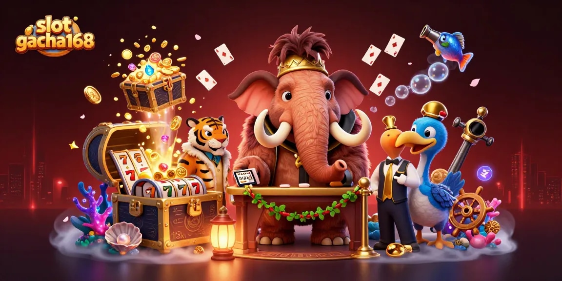 Slot gacha168 showcases vibrant casino scene with mammoth bouncer, tiger guest, and dodo doorman.