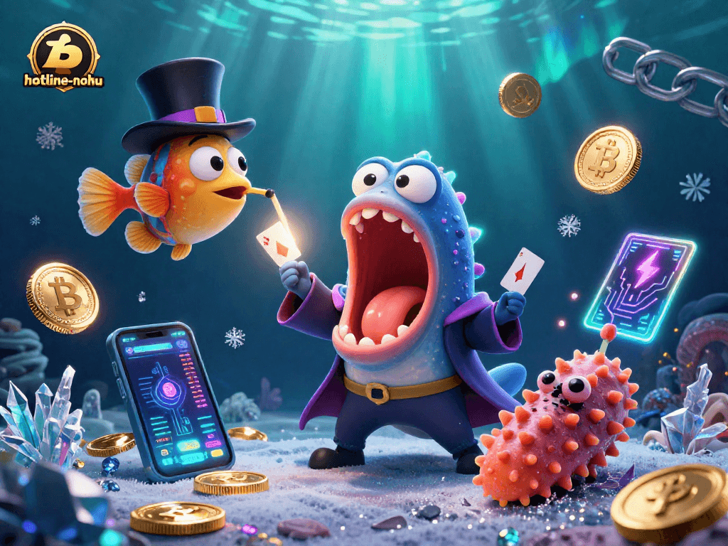 Engage with hotline-nohu's thrilling magic act among neon crypto elements in a vibrant underwater scene.