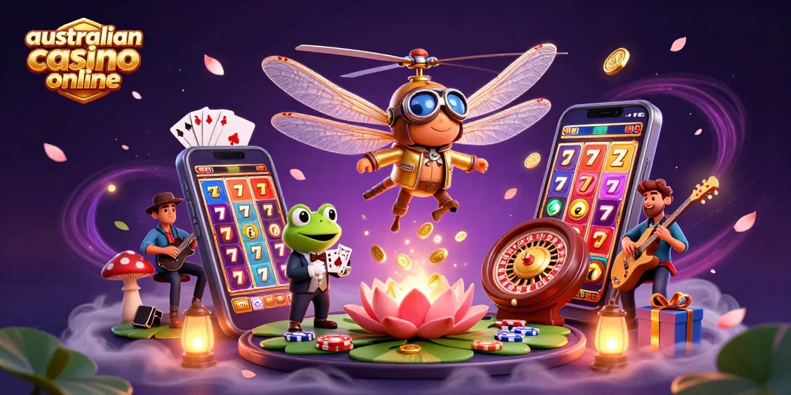 Experience the vibrant world of australian casino online with a dragonfly pilot, frog croupier, and jazz musicians.