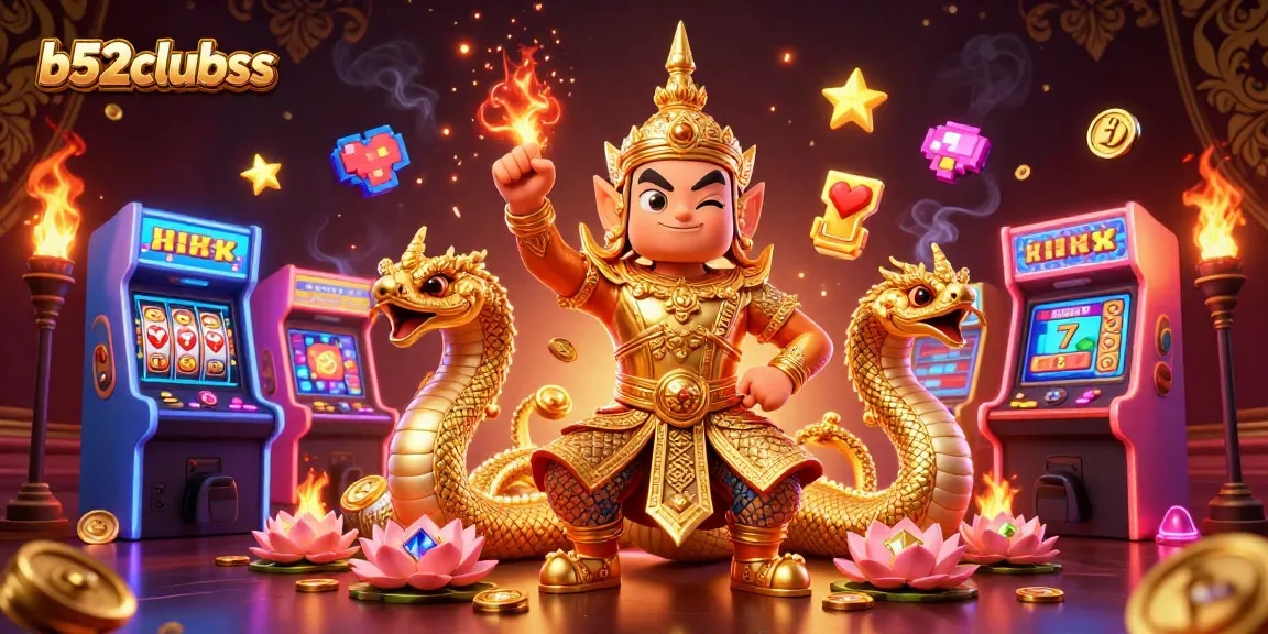 Bets and spins to win big at b52clubss, featuring vibrant 3D arcade elements and slot games.