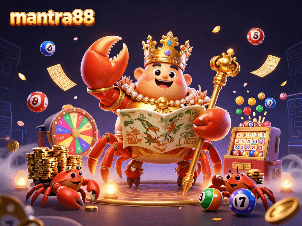 Enjoy thrilling moments at mantra88 with a lively illustration of a golden crab emperor surrounded by vibrant casino elements.