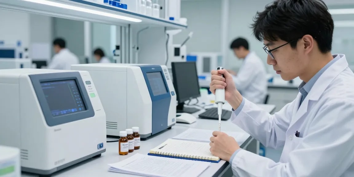 Scientist testing research-grade peptide stack in a modern lab environment with advanced equipment.