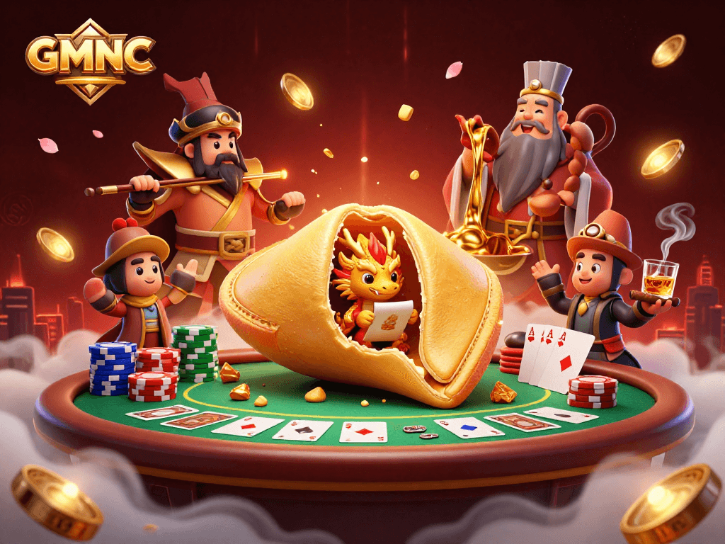 GMNC challenges luck with a vibrant casino scene featuring poker chips and magical creatures.