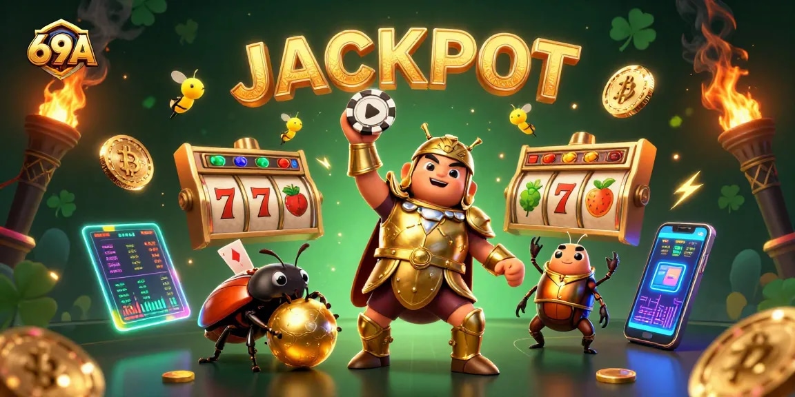 Jackpot do 69A apresentado por besouro hercúleo em armadura, celebrando a vitória em cassino.