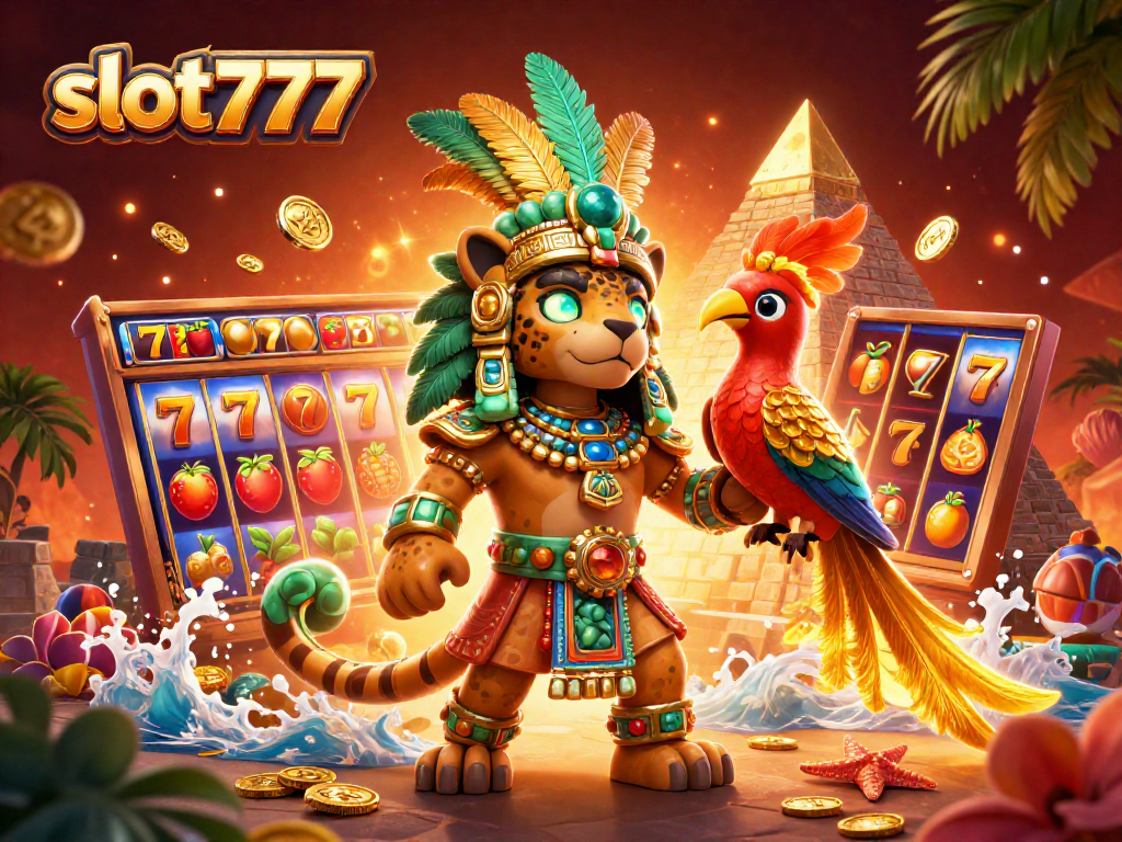 Spin the reels at slot777 with vivid Mayan characters and jackpot excitement in this lively casino scene.
