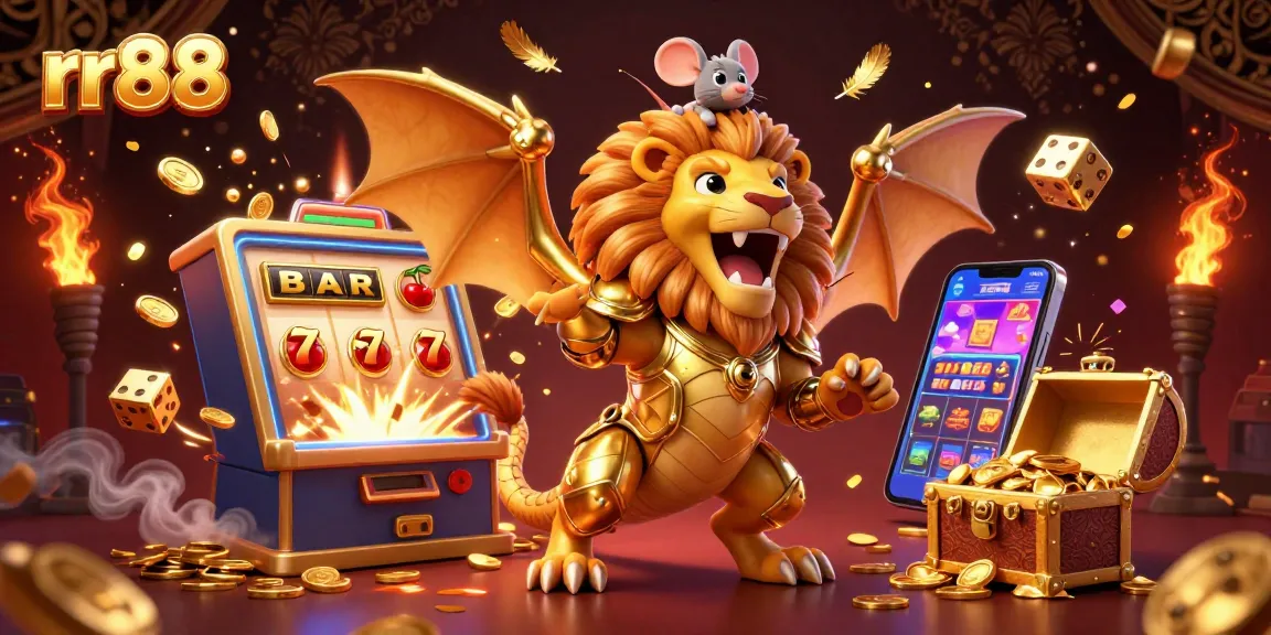 Experience thrilling jackpots at rr88 with a dynamic scene featuring a chimera creature, slot machine, and casino elements.