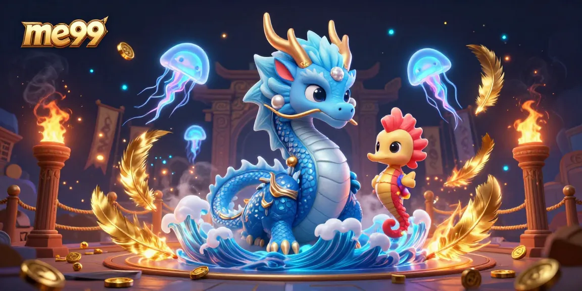 Engage with thrilling games at me99, featuring an azure dragon and seahorse knight in a vibrant casino scene.