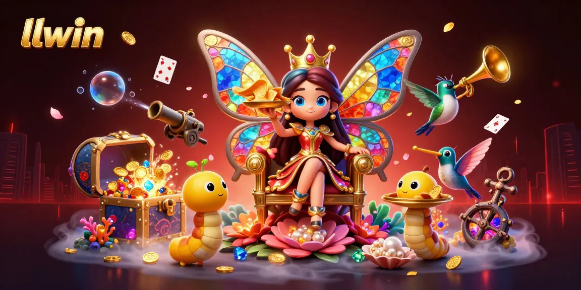 llwin vibrant 3D depiction showcasing a butterfly queen in a casino setting, surrounded by treasure and game elements