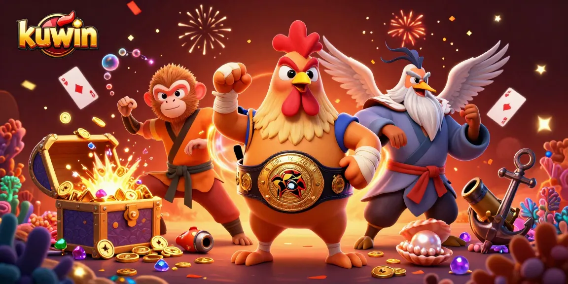 Kuwin players enjoy immersive underwater treasure adventures with characters in a vibrant casino scene.