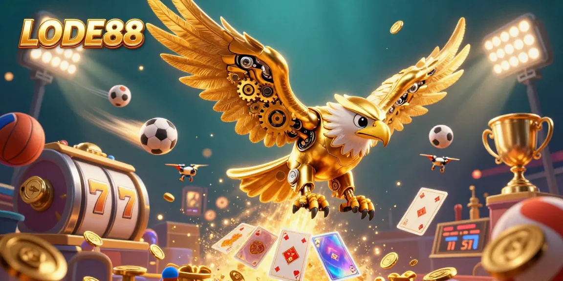 Engage with LODE88, showcasing a dynamic golden eagle diving through holographic cards amidst thrilling casino elements.