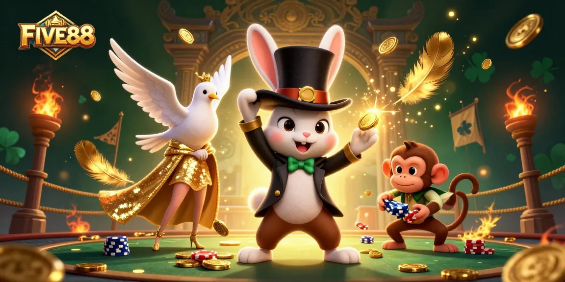 FIVE88 magician rabbit pulls coins in a lively 3D casino scene, filled with excitement and magic.