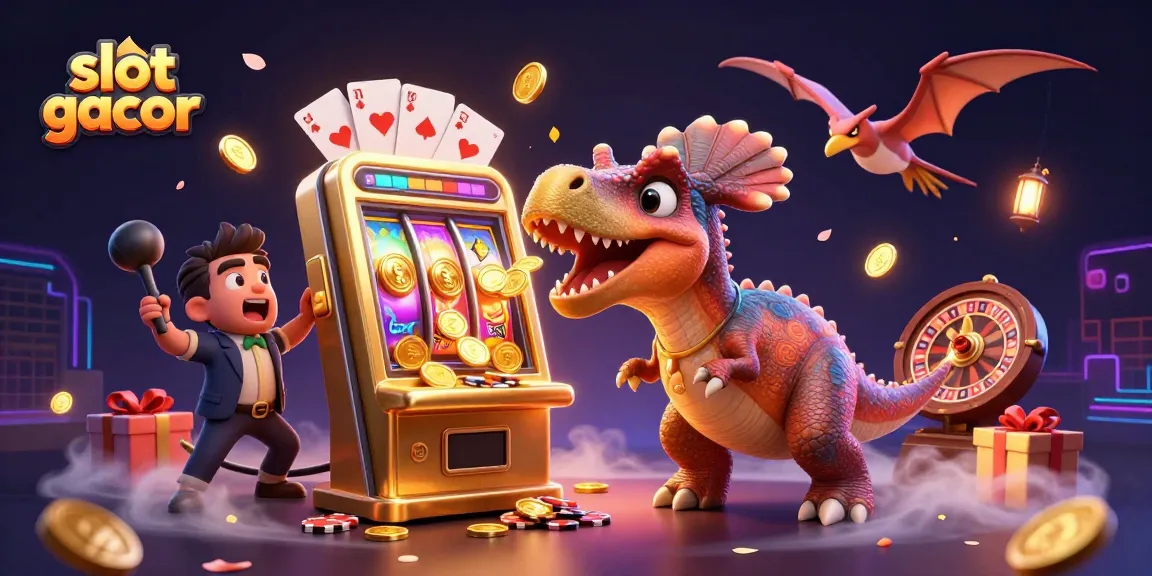 Experience slot gacor excitement with cartoon dinosaurs and a jackpot slot machine in a lively casino scene.
