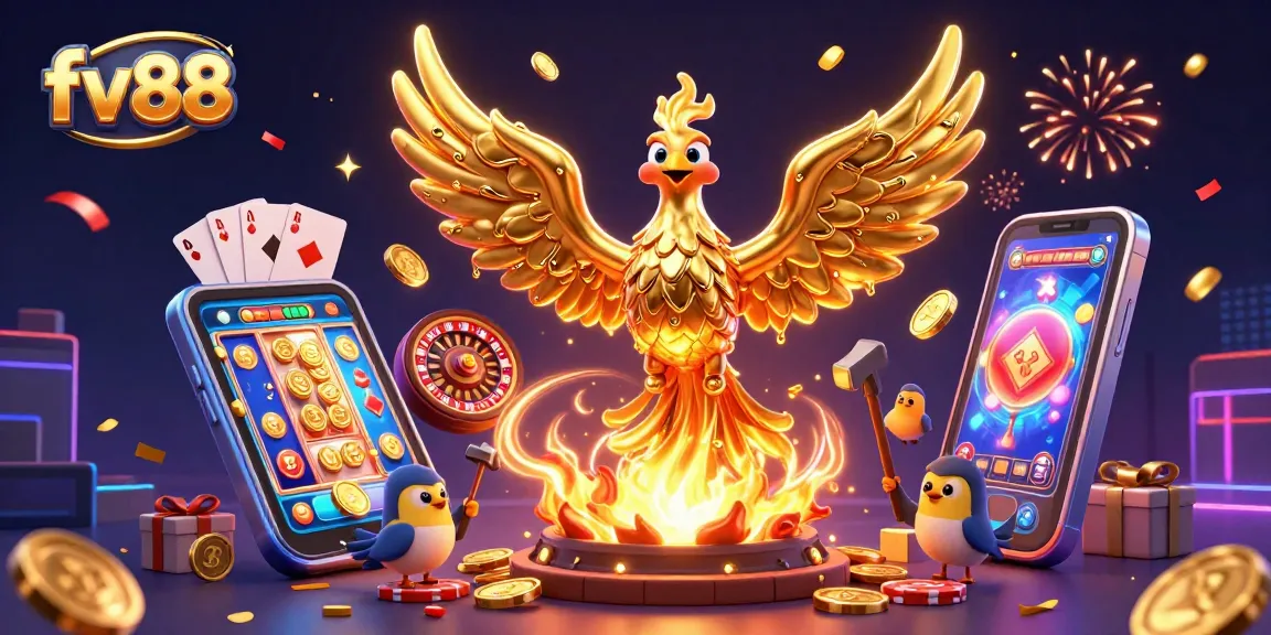 Experience thrilling moments at fv88 with vibrant games and golden rewards in this captivating illustration.