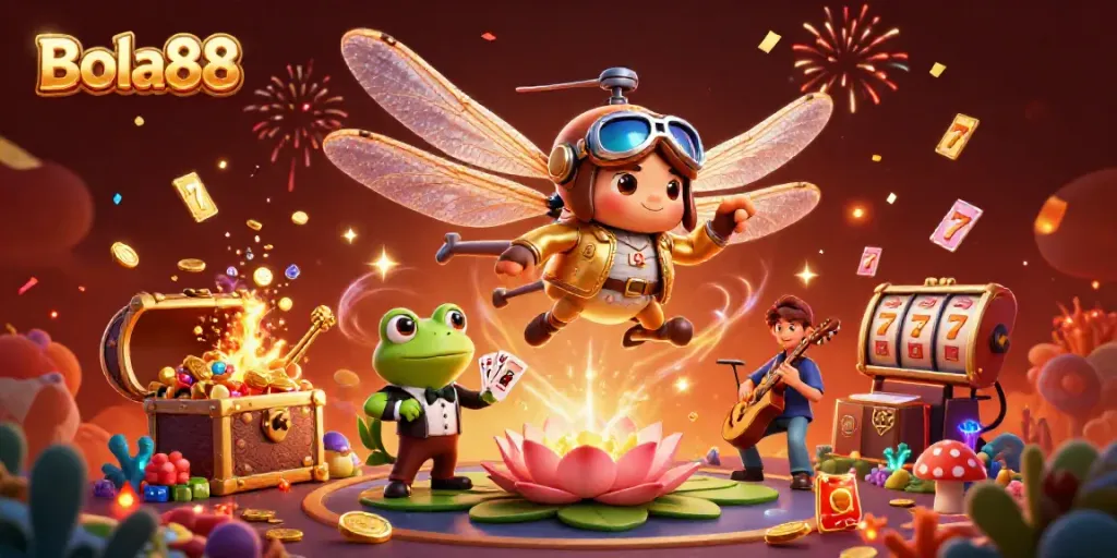 Bola88 showcases an interactive 3D scene of a dragonfly pilot above a lily pad casino with vibrant gambling elements.