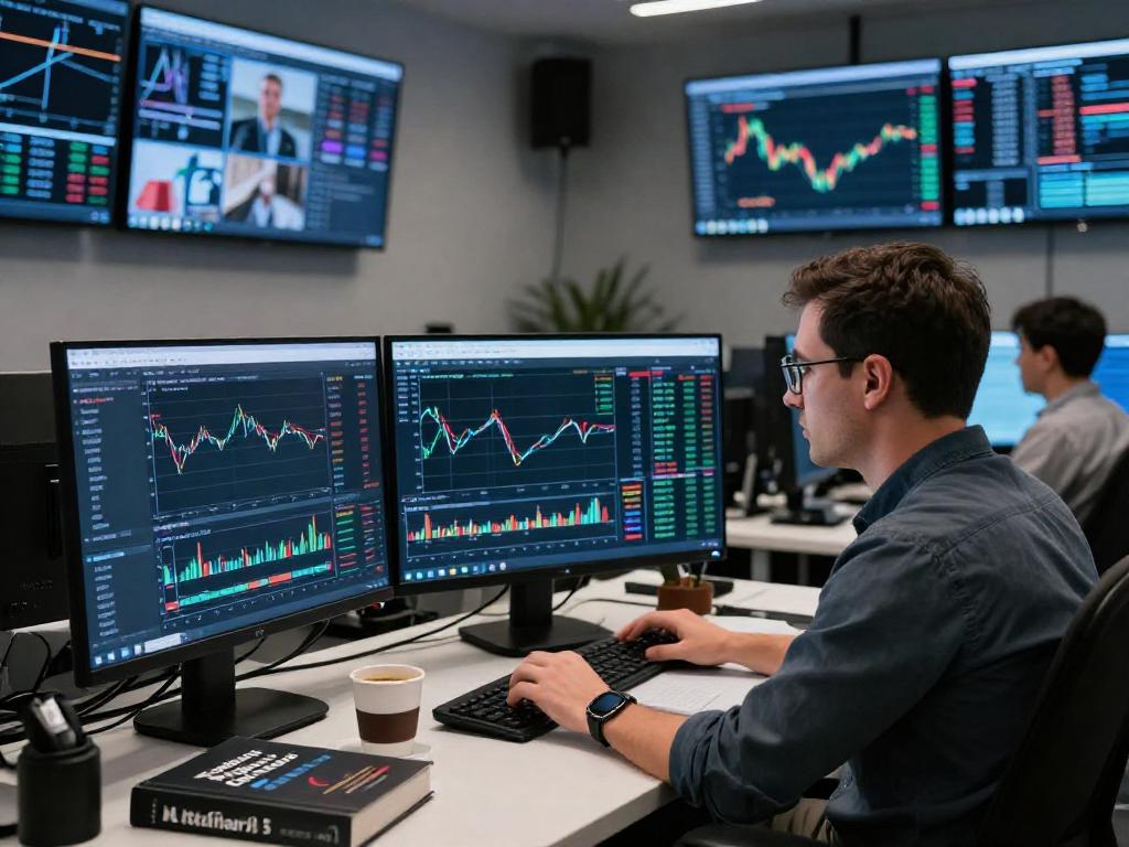 交易者在现代交易室中使用MetaTrader 5分析市场数据和图表，专注于策略讨论。