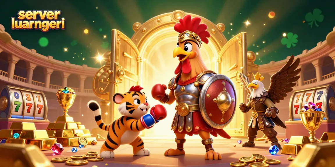 Engage with thrilling games at server luar negeri featuring a dynamic 3D casino scene with vibrant slot reels.
