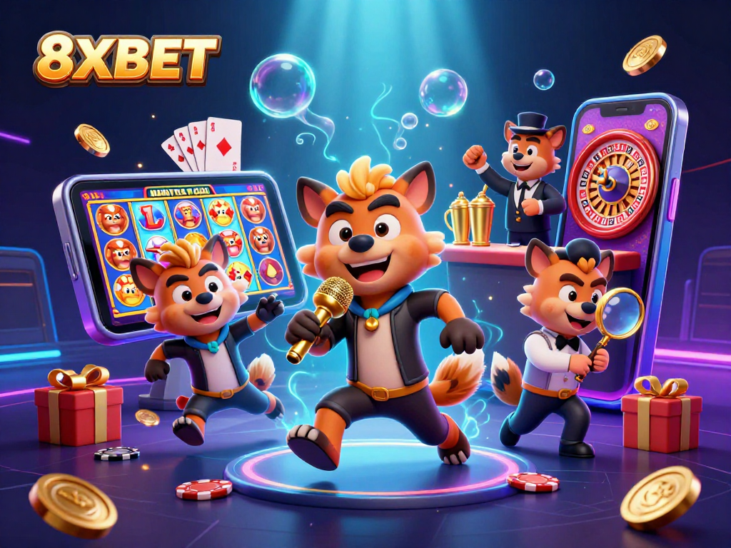 Engage in exciting gameplay with 8XBET at a vibrant casino scene featuring hyenas hosting a comedy club.